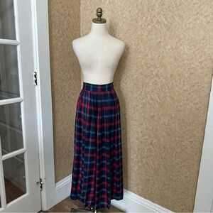 VTG 80s Retro Blue and Red Plaid Pleated Midi Maxi Skirt